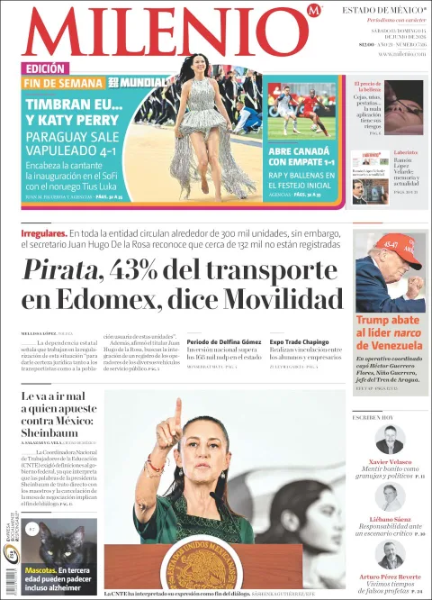 Portada de Milenio Edo de Mexico del sábado, 13 de junio de 2026