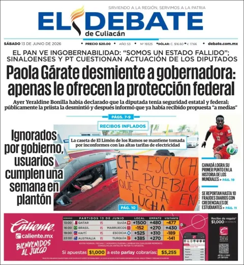 Portada de El Debate de Culiacan del sábado, 13 de junio de 2026