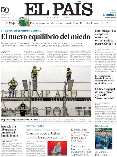 Portada de El Pais del domingo, 14 de junio de 2026