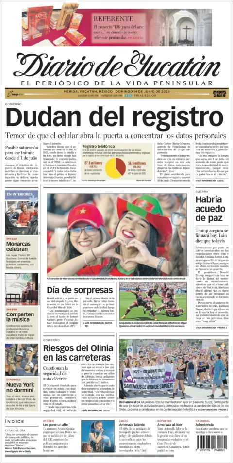 Portada de Diario de Yucatán del domingo, 14 de junio de 2026