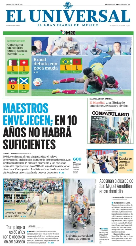Portada de El Universal del domingo, 14 de junio de 2026