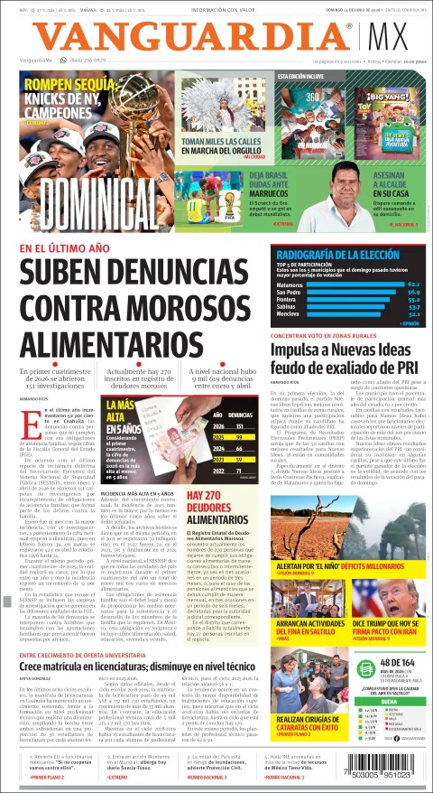 Portada de Vanguardia del domingo, 14 de junio de 2026