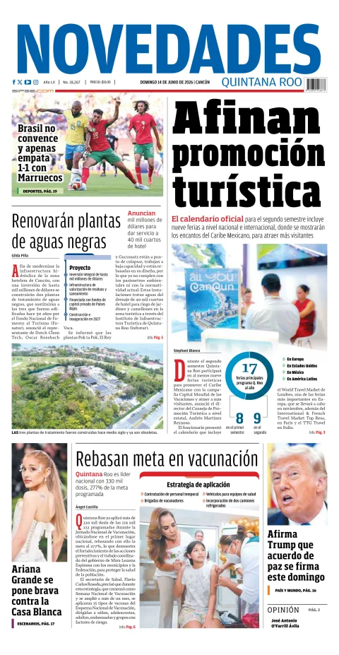Portada de Novedades Quintana Roo del domingo, 14 de junio de 2026