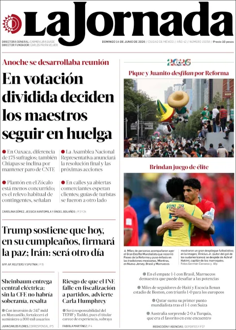 Portada de La Jornada del domingo, 14 de junio de 2026