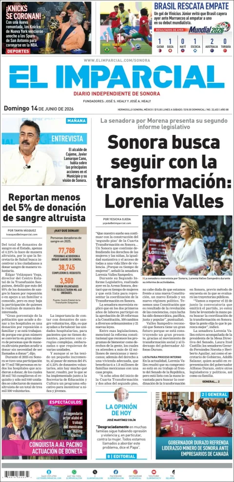 Portada de El Imparcial del domingo, 14 de junio de 2026