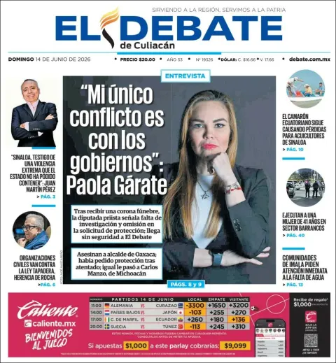 Portada de El Debate de Culiacan del domingo, 14 de junio de 2026