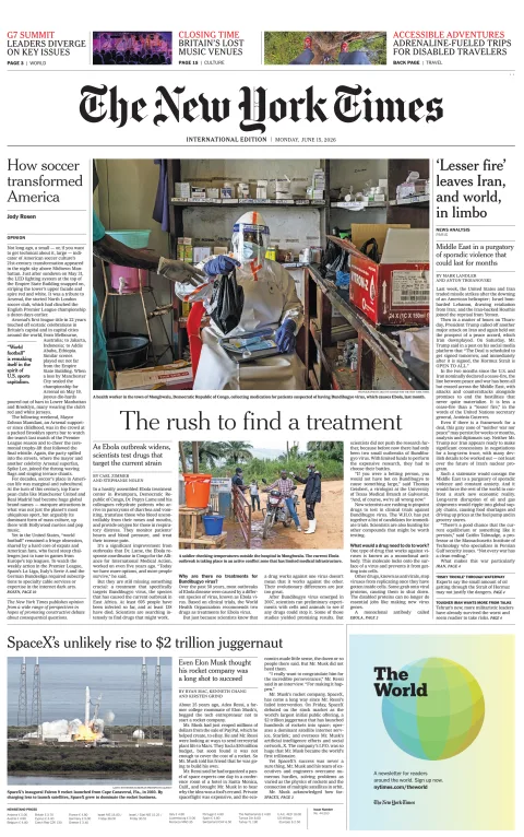 Portada de The New York Times (international) del lunes, 15 de junio de 2026