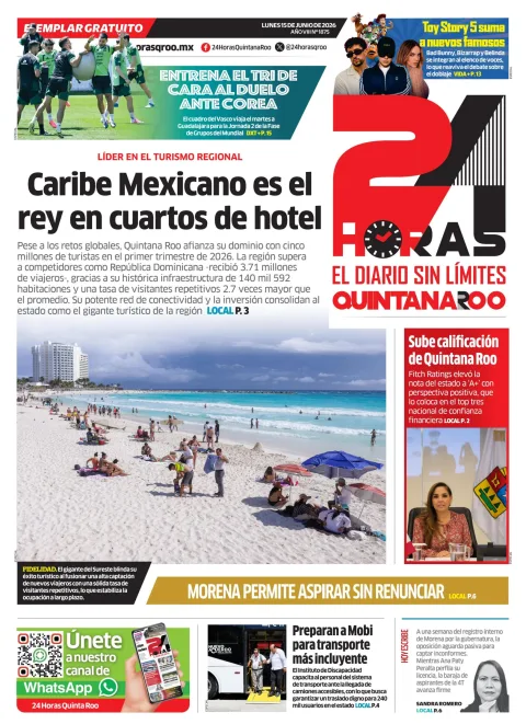 Portada de 24 Horas Quintana Roo del lunes, 15 de junio de 2026