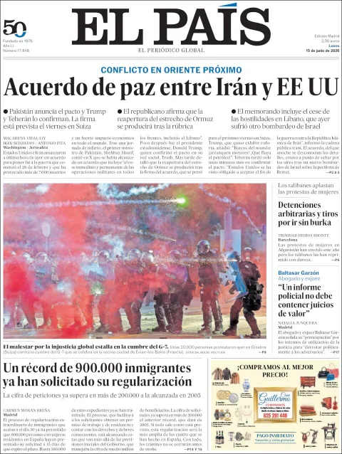 Portada de El Pais del lunes, 15 de junio de 2026