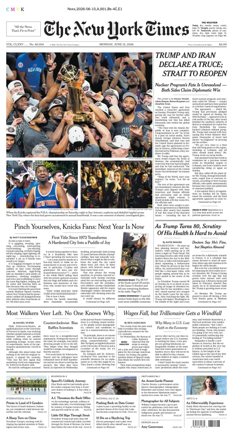 Portada de The New York Times (new York) del lunes, 15 de junio de 2026