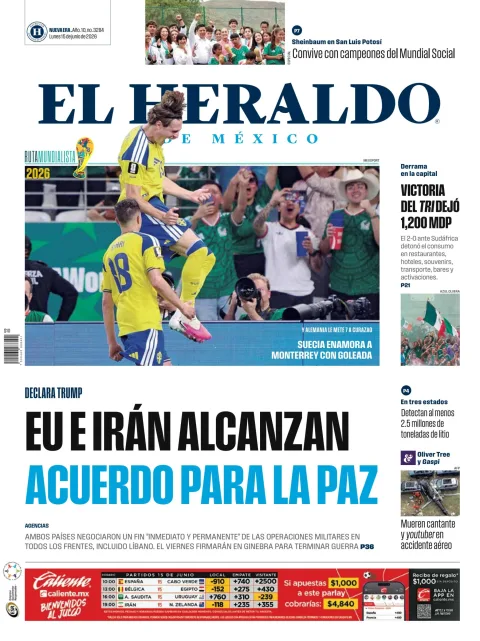 Portada de El Heraldo de Mexico del lunes, 15 de junio de 2026