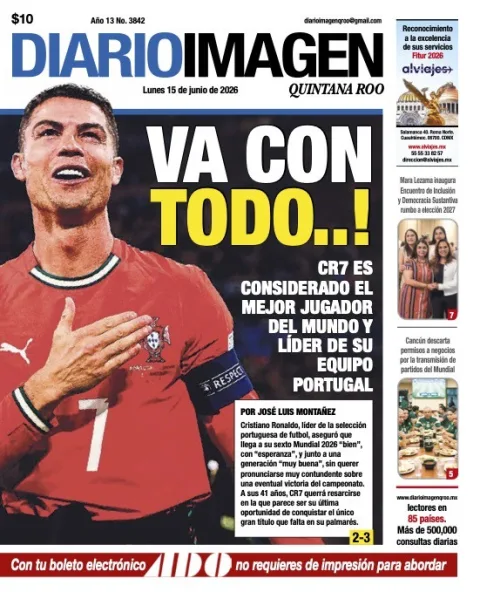 Portada de Diario Imagen Quintana Roo del lunes, 15 de junio de 2026