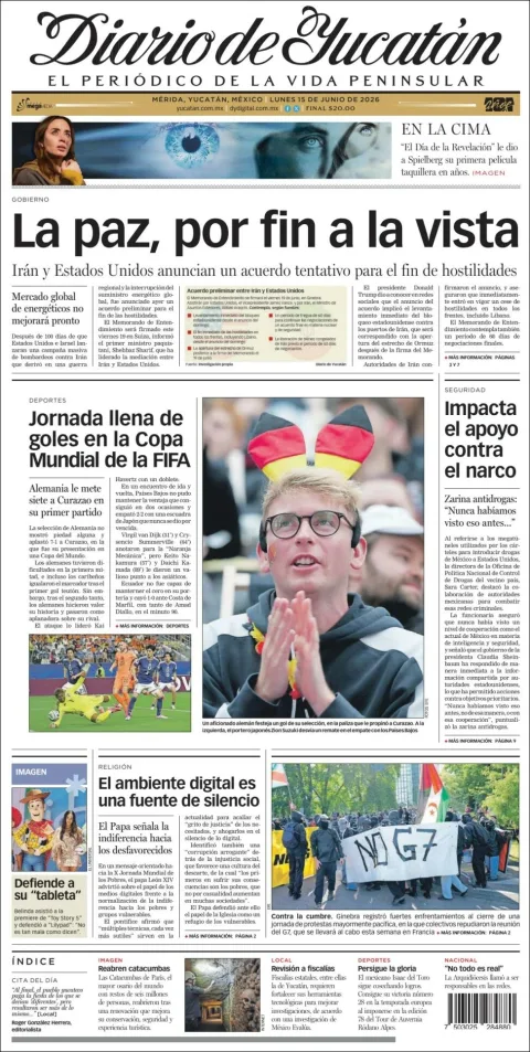 Portada de Diario de Yucatán del lunes, 15 de junio de 2026