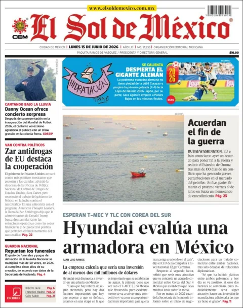 Portada de El Sol de Mexico del lunes, 15 de junio de 2026
