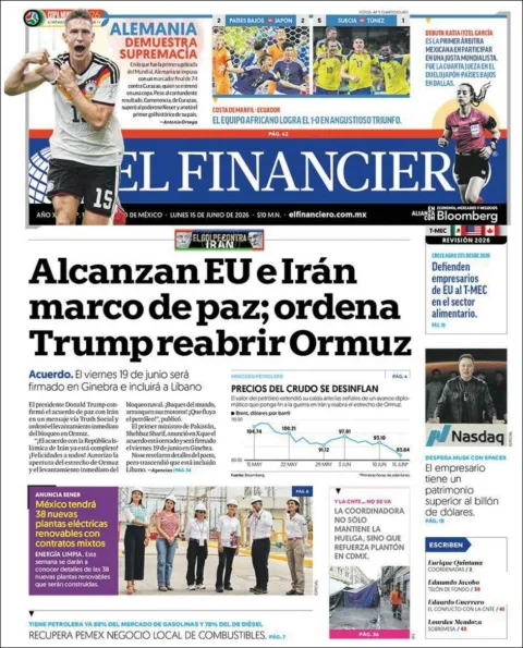 Portada de El Financiero del lunes, 15 de junio de 2026