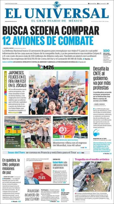 Portada de El Universal del lunes, 15 de junio de 2026
