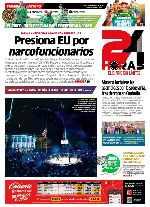 Portada de 24 Horas del lunes, 15 de junio de 2026