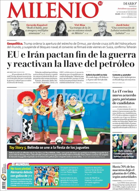 Portada de Milenio del lunes, 15 de junio de 2026