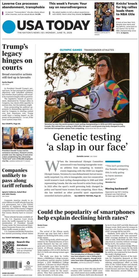 Portada de Usa Today del lunes, 15 de junio de 2026