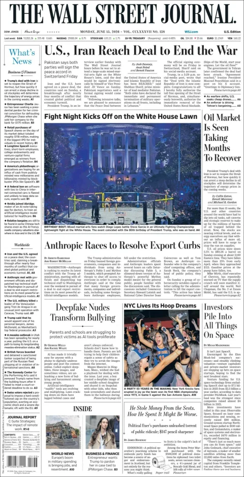 Portada de The Wall Street Journal del lunes, 15 de junio de 2026
