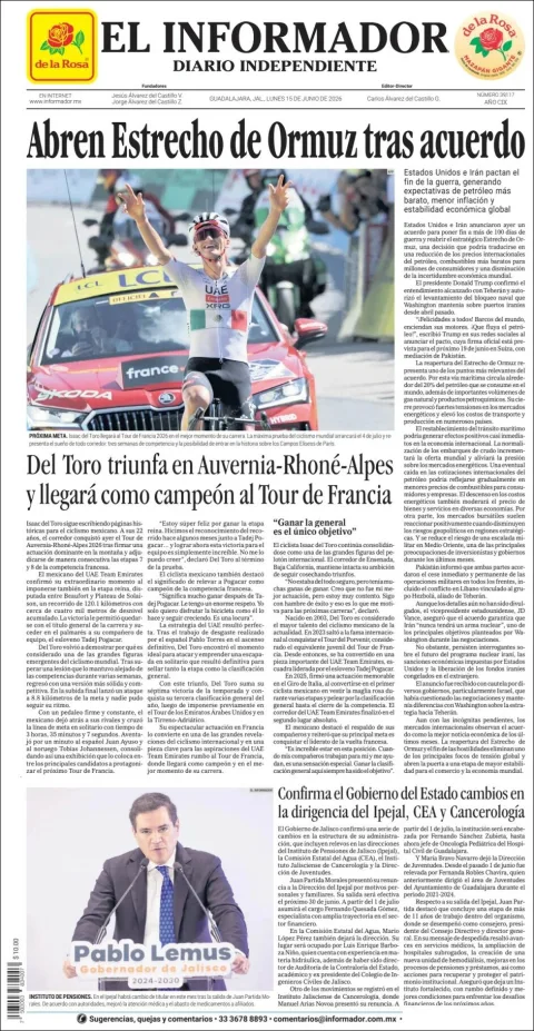 Portada de El Informador del lunes, 15 de junio de 2026
