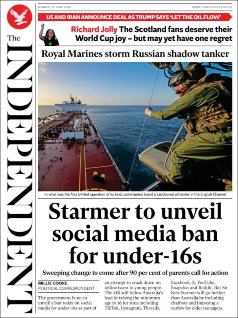Portada de The Independent del lunes, 15 de junio de 2026