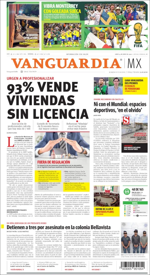 Portada de Vanguardia del lunes, 15 de junio de 2026
