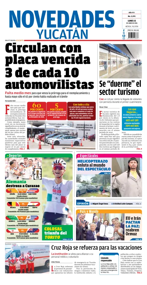 Portada de Novedades Quintana Roo del lunes, 15 de junio de 2026