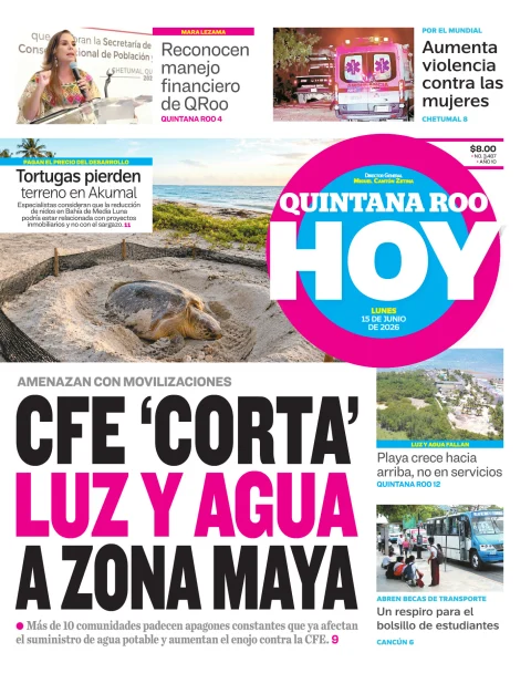 Portada de Quintana Roo Hoy (portada) del lunes, 15 de junio de 2026