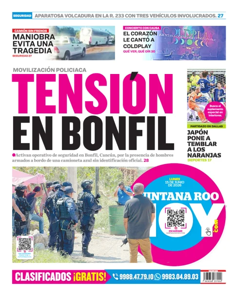 Portada de Quintana Roo Hoy (contraportada) del lunes, 15 de junio de 2026