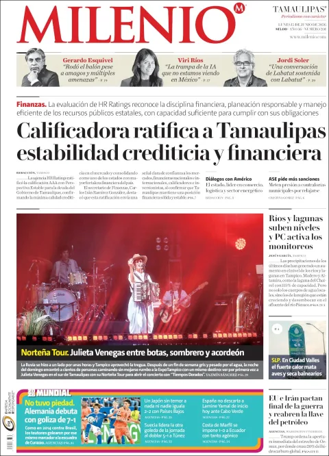 Portada de Milenio Tamaulipas del lunes, 15 de junio de 2026