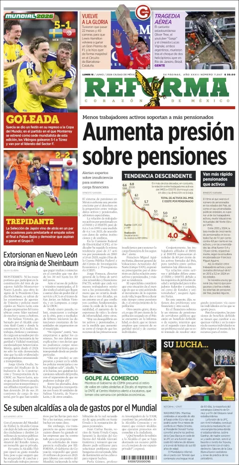 Portada de Reforma del lunes, 15 de junio de 2026