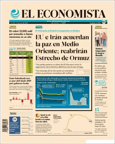 Portada de El Economista del lunes, 15 de junio de 2026