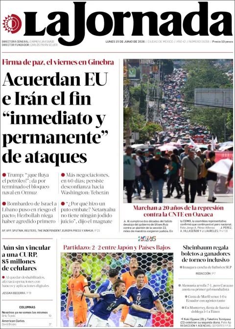 Portada de La Jornada del lunes, 15 de junio de 2026