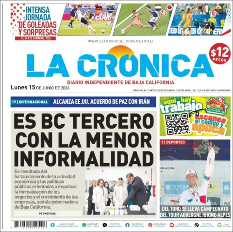 Portada de La Cronica del lunes, 15 de junio de 2026