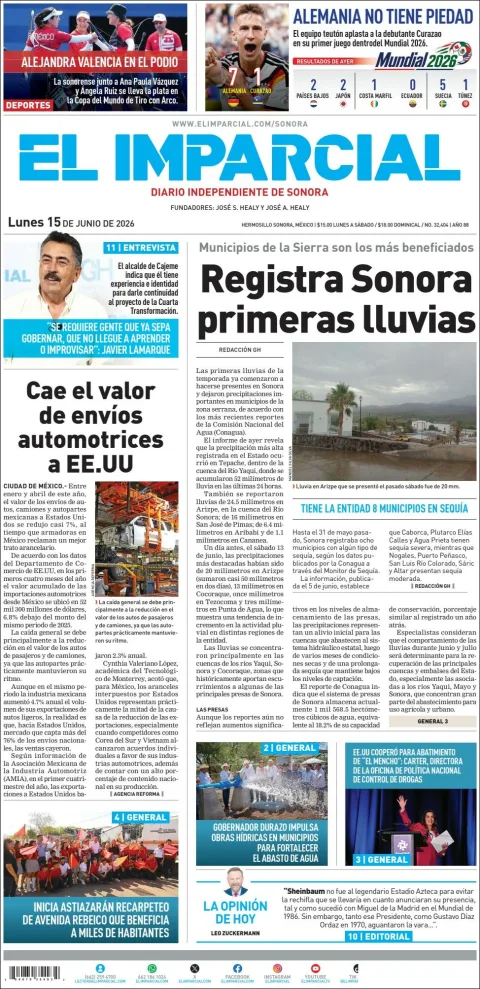 Portada de El Imparcial del lunes, 15 de junio de 2026