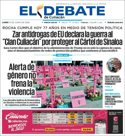Portada de El Debate de Culiacan del lunes, 15 de junio de 2026