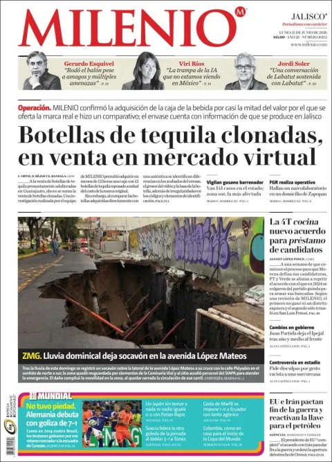 Portada de Milenio Jalisco del lunes, 15 de junio de 2026