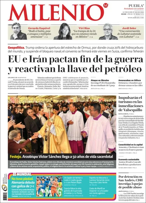 Portada de Milenio Puebla del lunes, 15 de junio de 2026