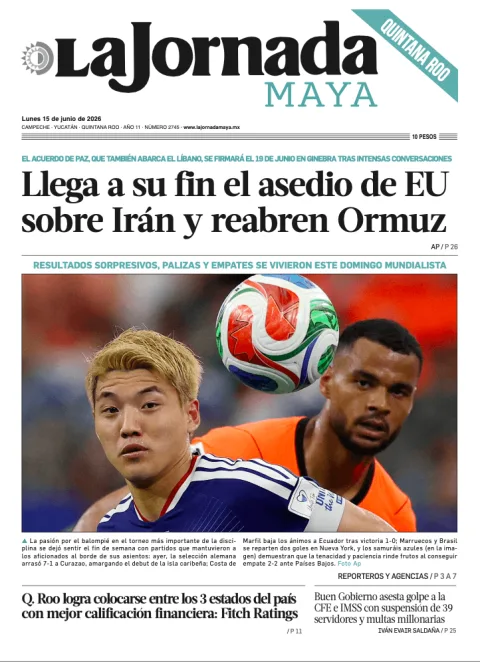 Portada de La Jornada Maya Quintana Roo del lunes, 15 de junio de 2026