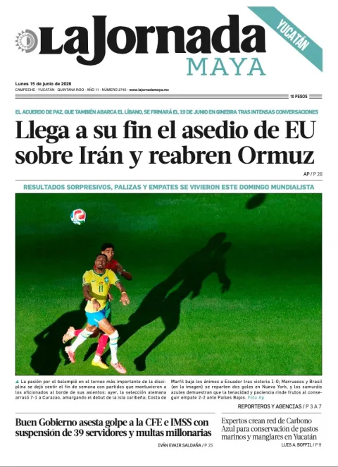 Portada de La Jornada Maya Yucatán del lunes, 15 de junio de 2026