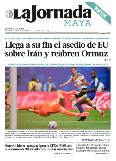 Portada de La Jornada Maya Campeche del lunes, 15 de junio de 2026