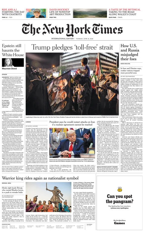 Portada de The New York Times (international) del martes, 16 de junio de 2026