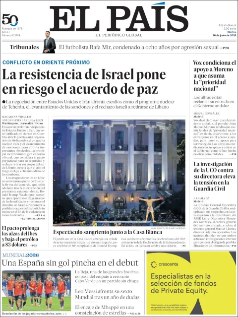 Portada de El Pais del martes, 16 de junio de 2026