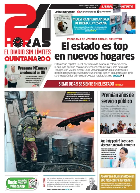 Portada de 24 Horas Quintana Roo del martes, 16 de junio de 2026
