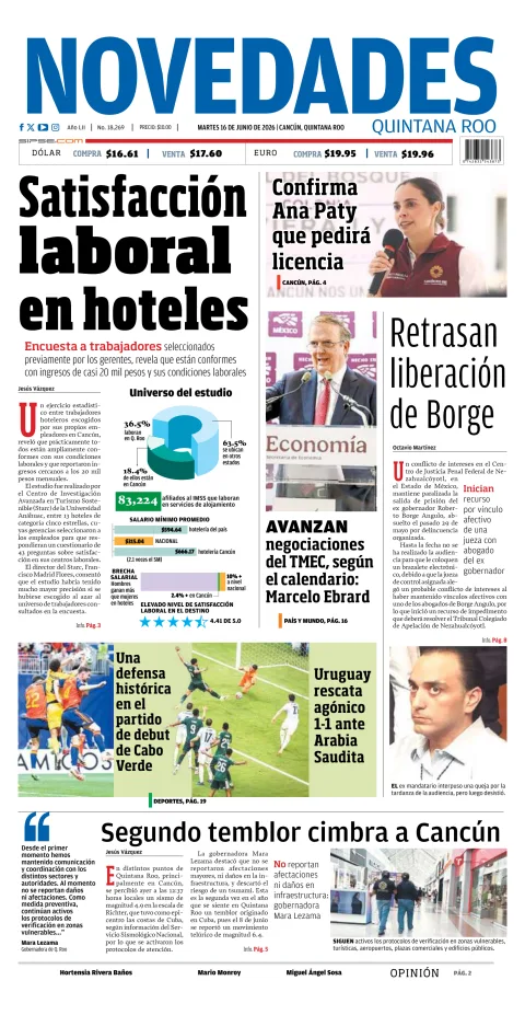 Portada de Novedades Quintana Roo del martes, 16 de junio de 2026