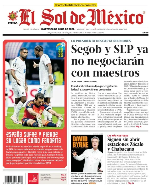 Portada de El Sol de Mexico del martes, 16 de junio de 2026