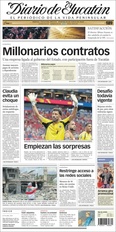 Portada de Diario de Yucatán del martes, 16 de junio de 2026