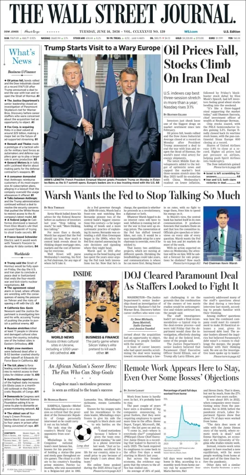Portada de The Wall Street Journal del martes, 16 de junio de 2026