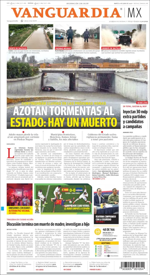 Portada de Vanguardia del martes, 16 de junio de 2026